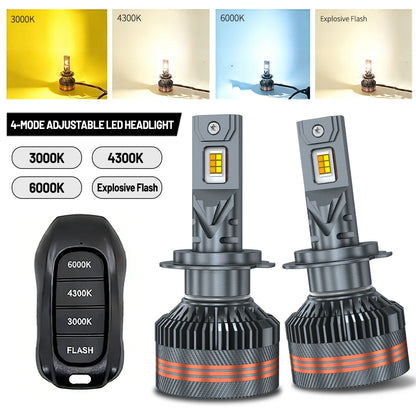 H4 LED Headlights Three Color Remote Control 4 Modes Car Lights