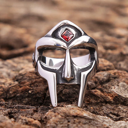 Punk Vintage Stainless Steel MF DOOM Mask Rings With Red Stone