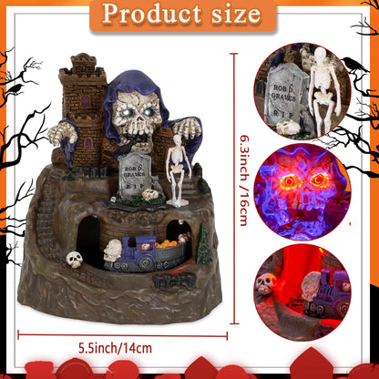 Animated Halloween Village House Decor with Moving Train Pre-Lit Music Skull Ghosts