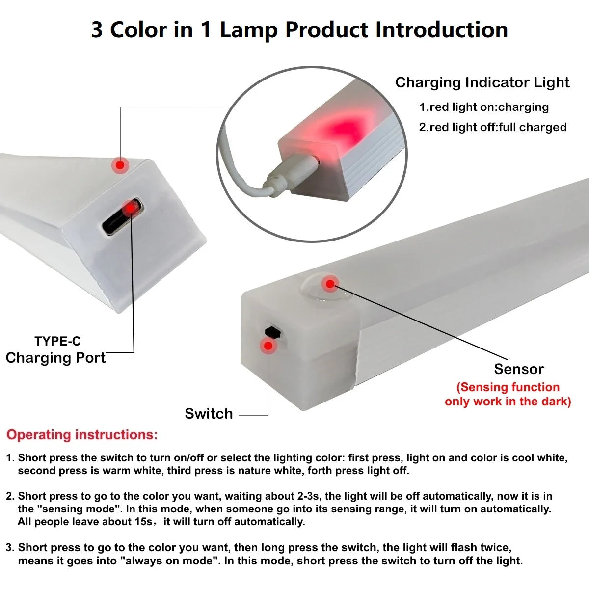 Motion Sensor LED Bar Light USB Type C Rechargeable Induction
