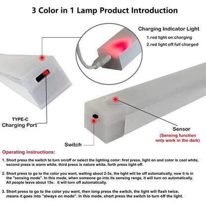 Motion Sensor LED Bar Light USB Type C Rechargeable Induction