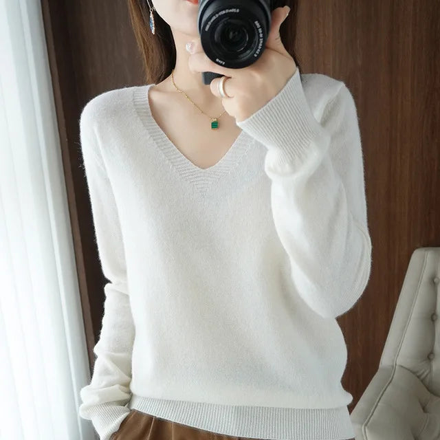 Women's Sweater Autumn Winter Knitted Pullovers V-neck