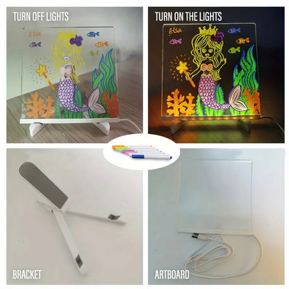 LED Note Board DIY Acrylic Night Light 7 Pens Drawing Board