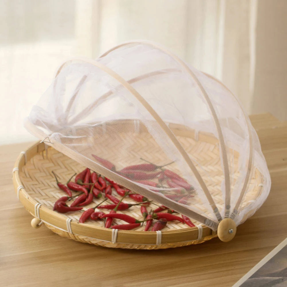 Handmade Bamboo Basket With Net Mesh Cover Kitchen Bread