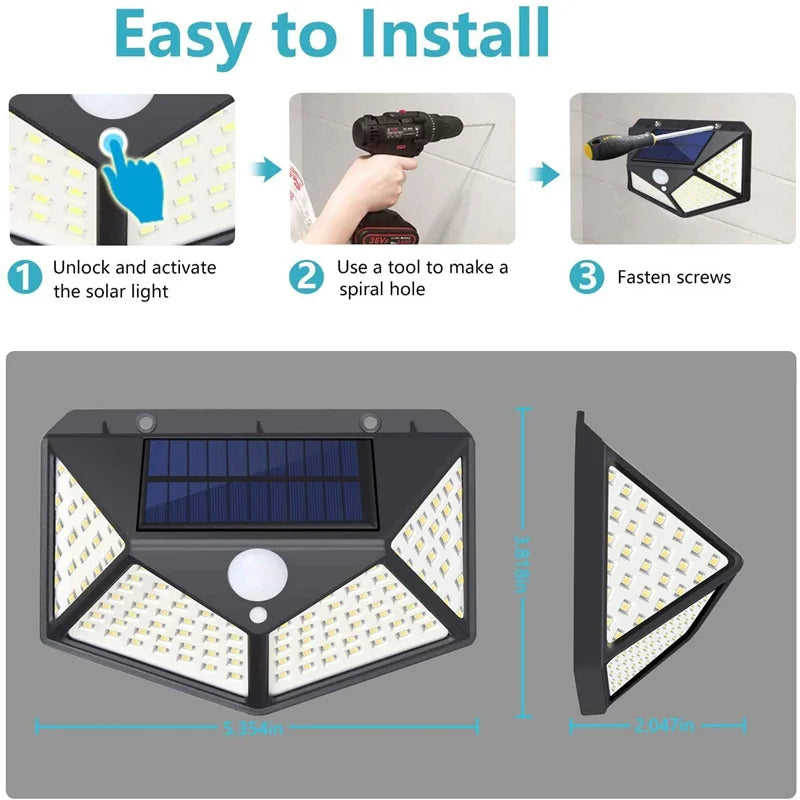 Solar Lights Outdoor 100 LED Wall Lamp Motion Sensor Lights