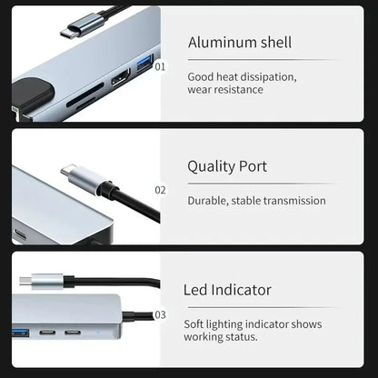 USB C Hub 8In1 7in2 7in1 Type C 3.1 To 4K HDMI Adapter