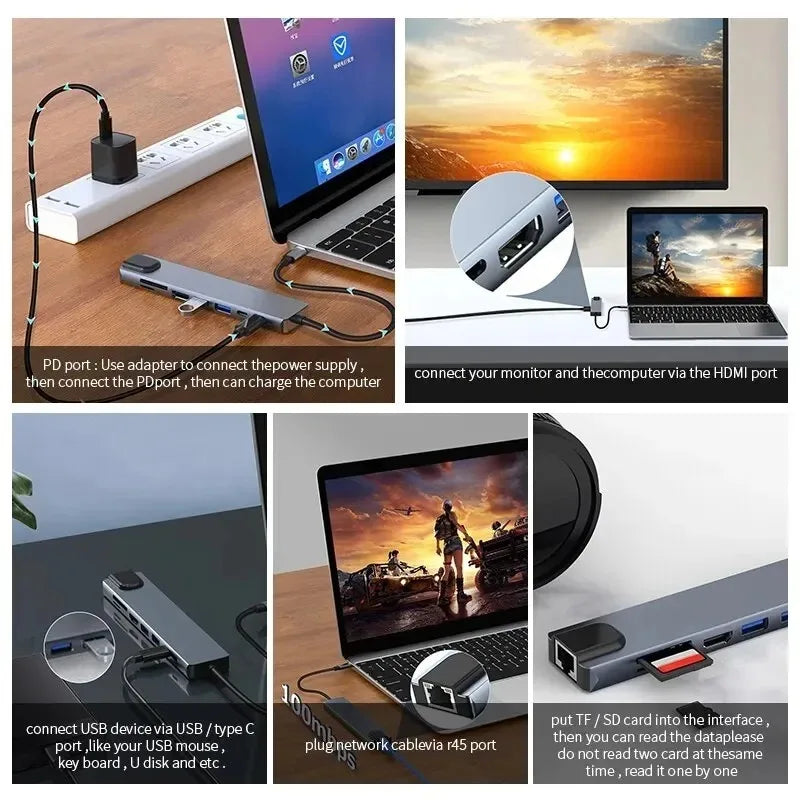 USB C Hub 8In1 7in2 7in1 Type C 3.1 To 4K HDMI Adapter