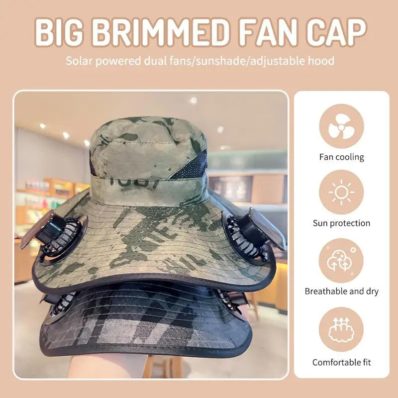 Large Size Quick Dry Bucket Hat With Solar Powered Fan USB Charging
