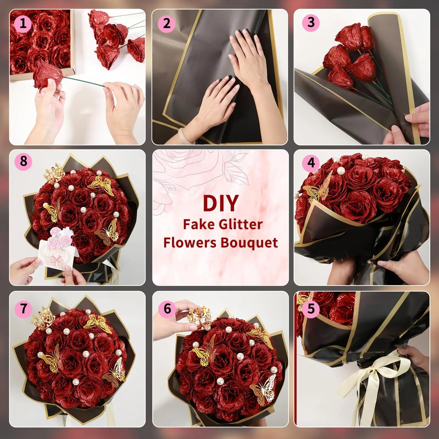 Red Glitter Roses Bouquet DIY Gift Set Everlasting Shiny