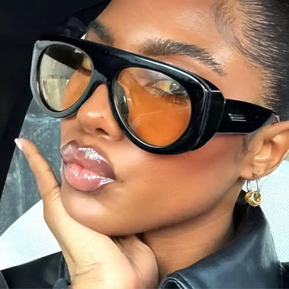 Vintage thick frame stripe oval sunglasses for women