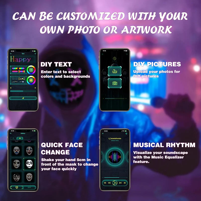 Led Mask with Bluetooth App Control Programmable Face Transforming Light up