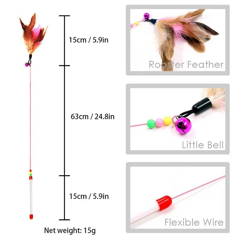360 Degree Rotating Cat Teaser Wand with Feather Bell Wire