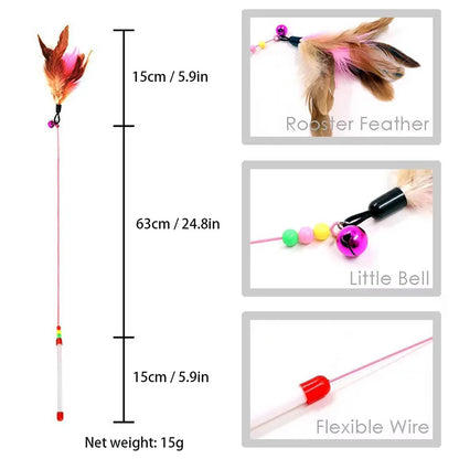 360 Degree Rotating Cat Teaser Wand with Feather Bell Wire