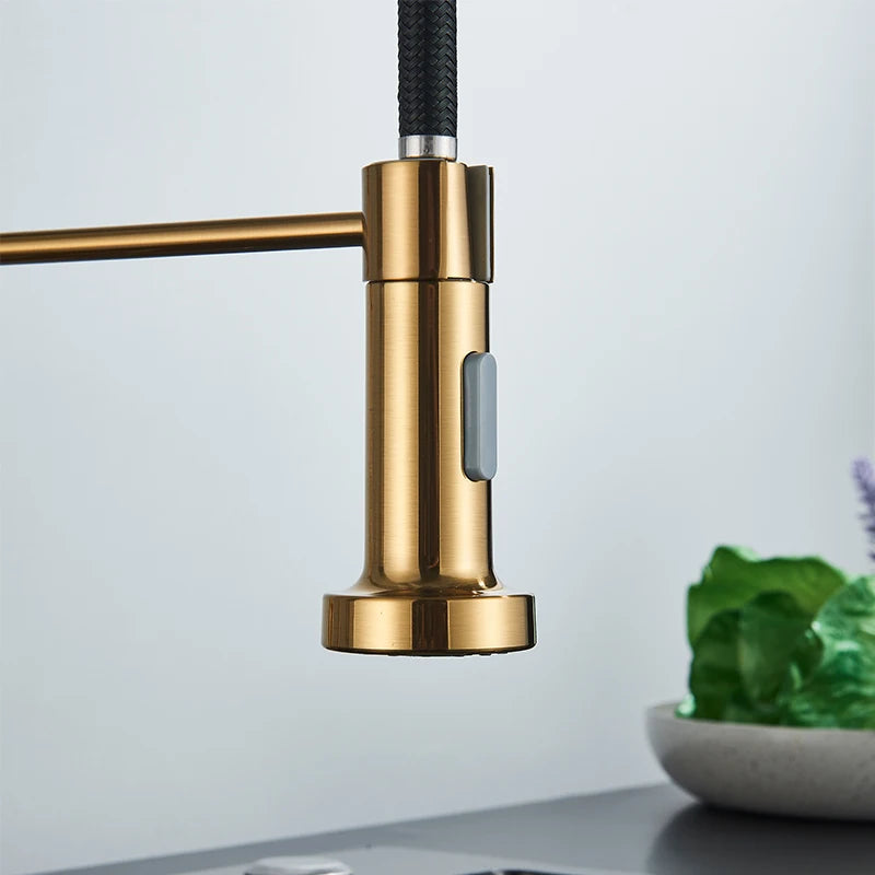 Brushed Gold Kitchen Faucet Pull Down 2-way Spray Single