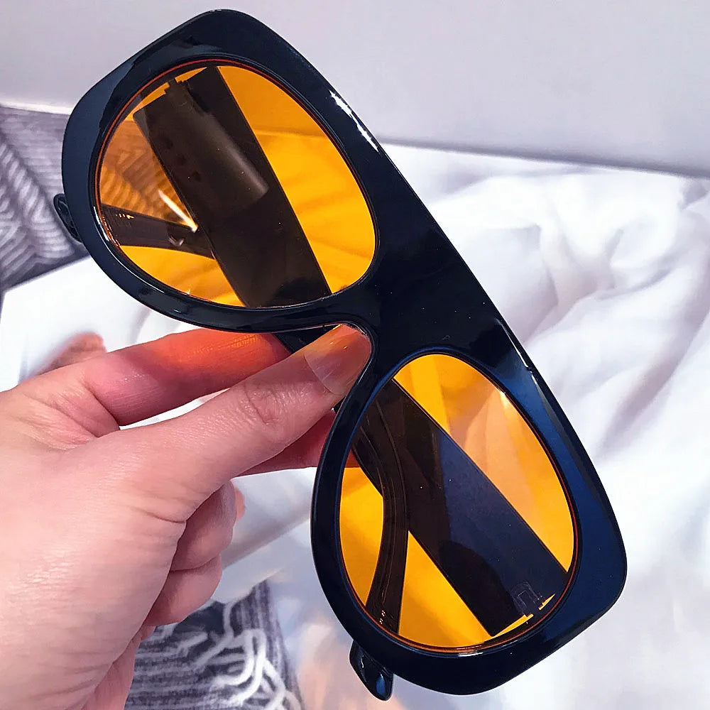 Vintage thick frame stripe oval sunglasses for women