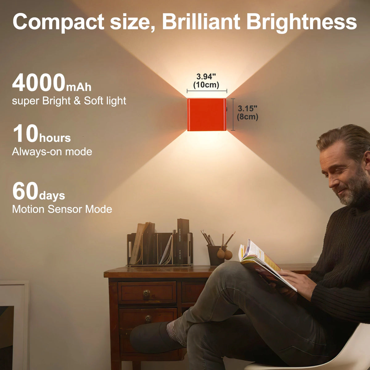 Battery-Powered Wall Light, 3 Color Temperature and Brightness Settings,