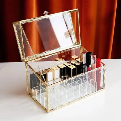 Golden Makeup Organizer Storage Box Glass Cosmetic
