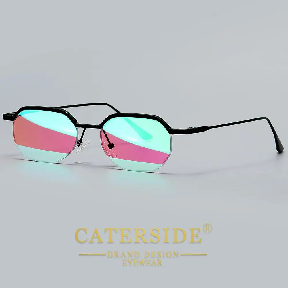 Retro Polygon Sunglasses Men Metal Semi Rimless
