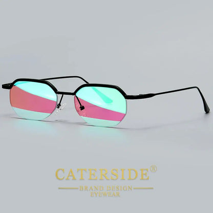 Retro Polygon Sunglasses Men Metal Semi Rimless