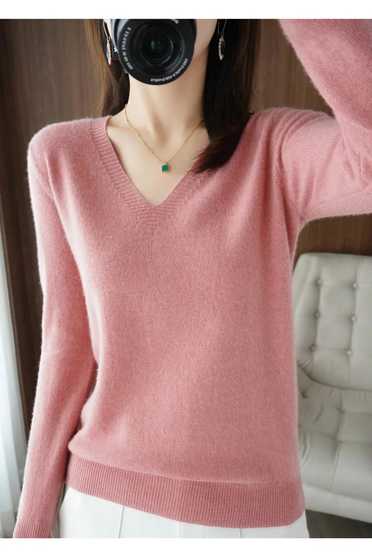 Women's Sweater Autumn Winter Knitted Pullovers V-neck