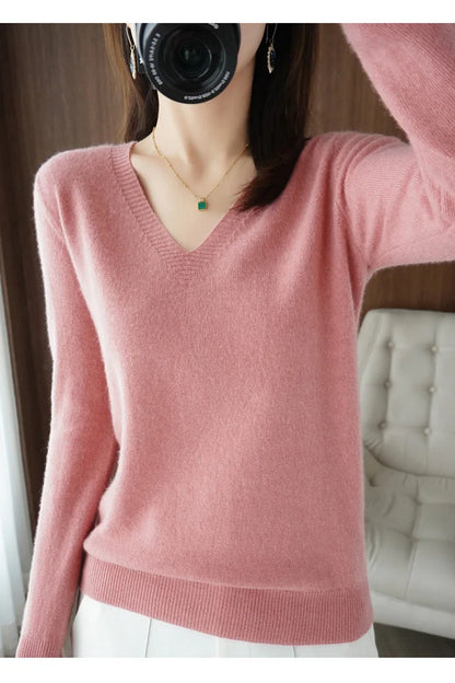 Women's Sweater Autumn Winter Knitted Pullovers V-neck