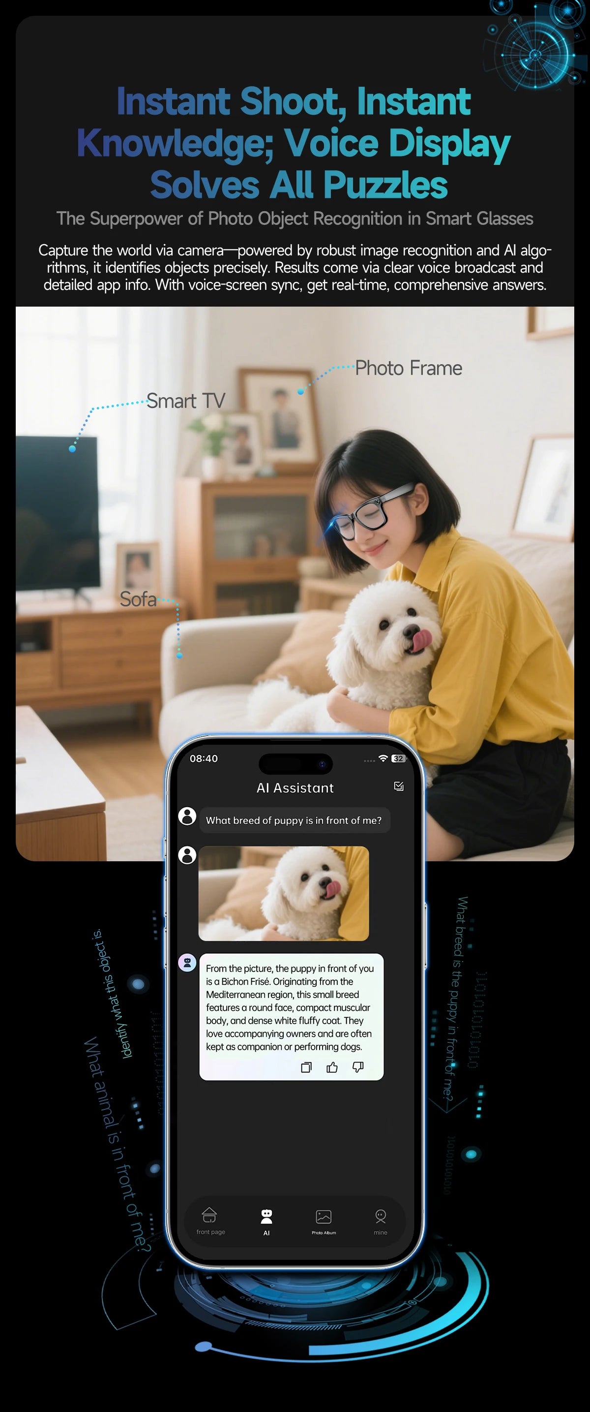 AI Smart Glasses with 8MP Camera Video Recording 100+ Languages