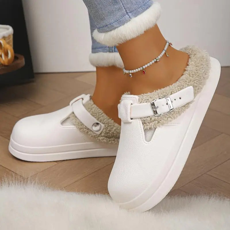 Waterproof Eva Furry Mules Slippers Women Winter Metal Buckle