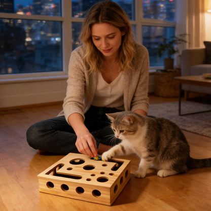 Interactive Frosted Wooden Cat Maze Toy Pet Treat Dispenser