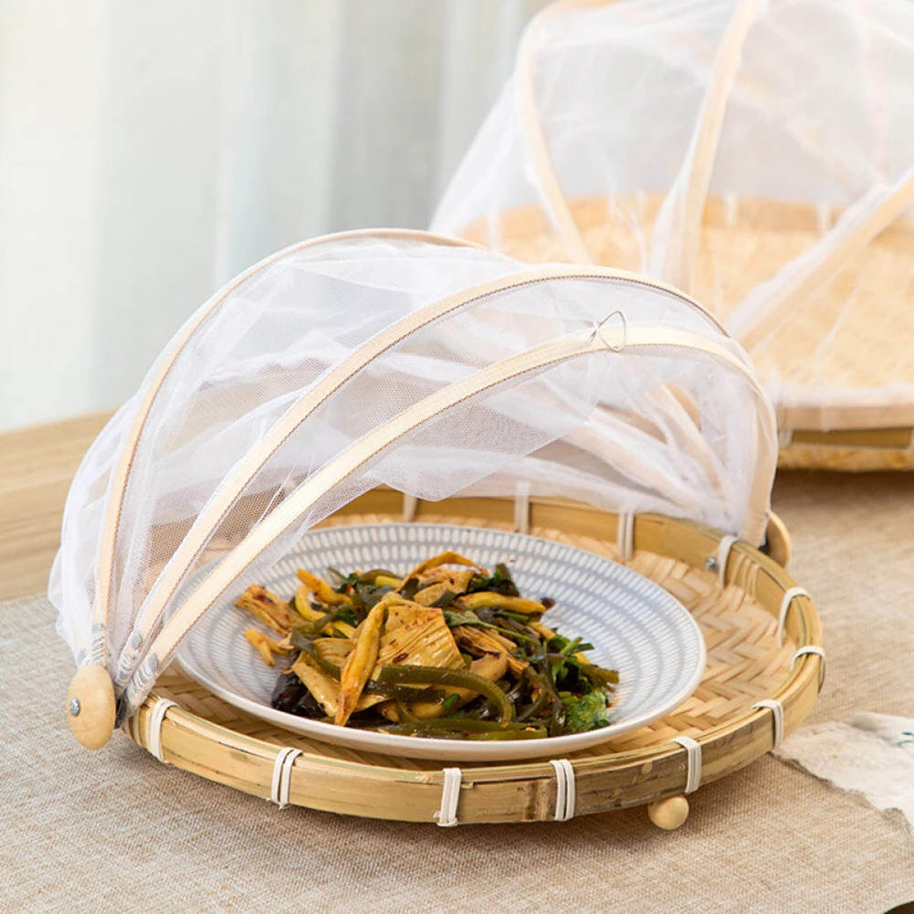 Handmade Bamboo Basket With Net Mesh Cover Kitchen Bread