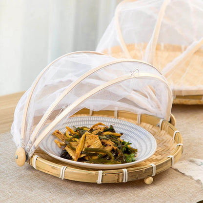 Handmade Bamboo Basket With Net Mesh Cover Kitchen Bread