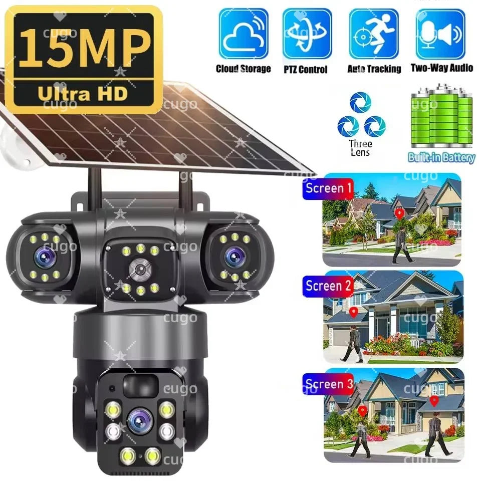 15MP 8K Wifi IP Camera Solar Outdoor Waterproof Three Lenses
