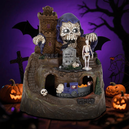 Animated Halloween Village House Decor with Moving Train Pre-Lit Music Skull Ghosts