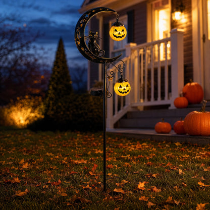 Halloween Solar Garden Stake Light Black Cat On Moon