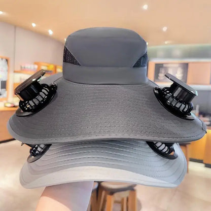 Large Size Quick Dry Bucket Hat With Solar Powered Fan USB Charging
