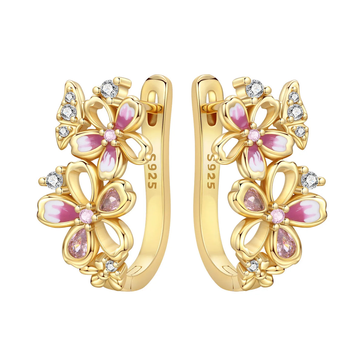 New 925 Sterling Silver 18K Gold Plated Cherry Blossom Butterfly