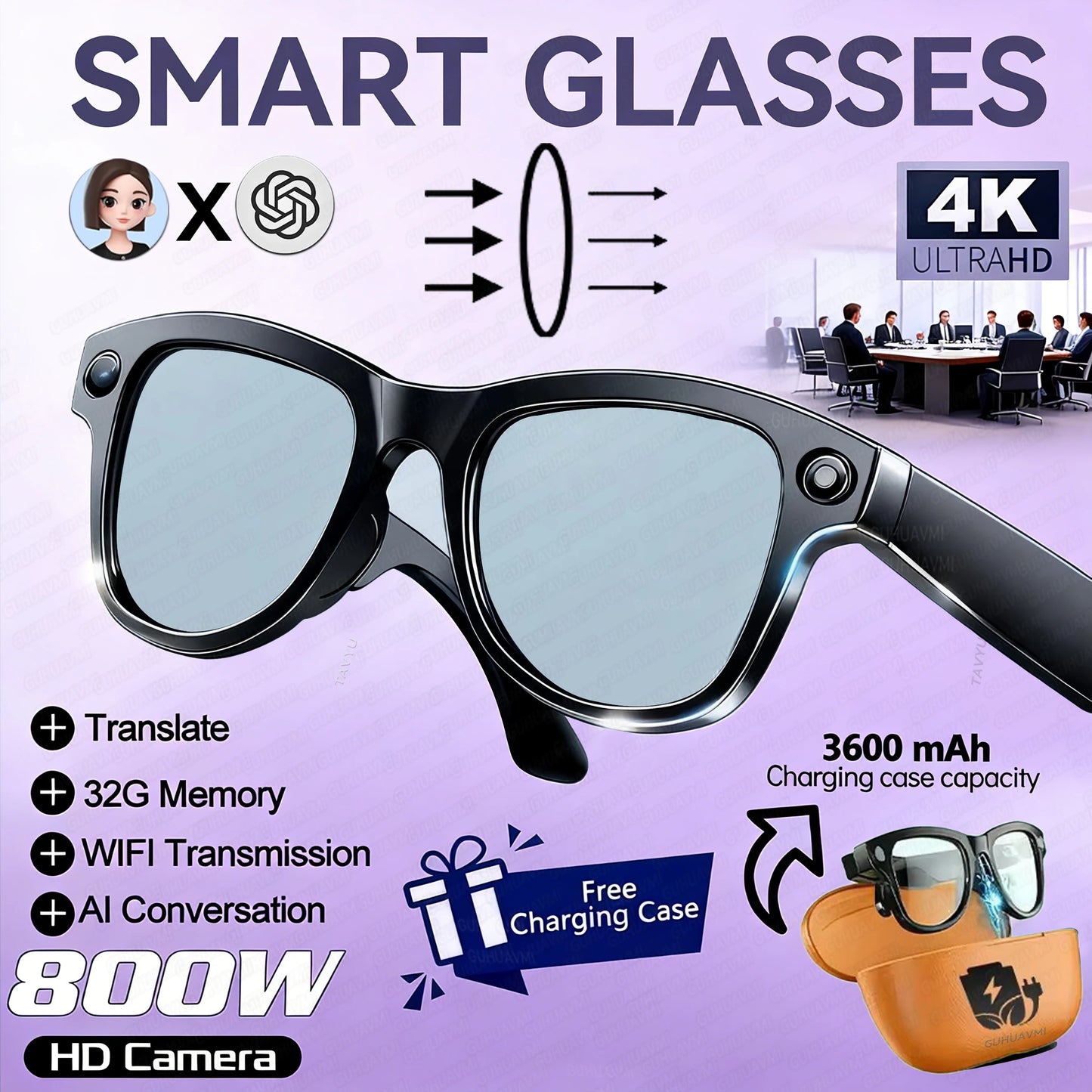 New 800W 4K HD Camera AI Smart Glasses 32G Recording
