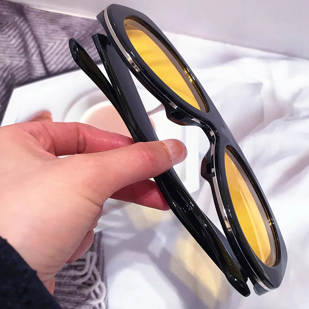 Vintage thick frame stripe oval sunglasses for women
