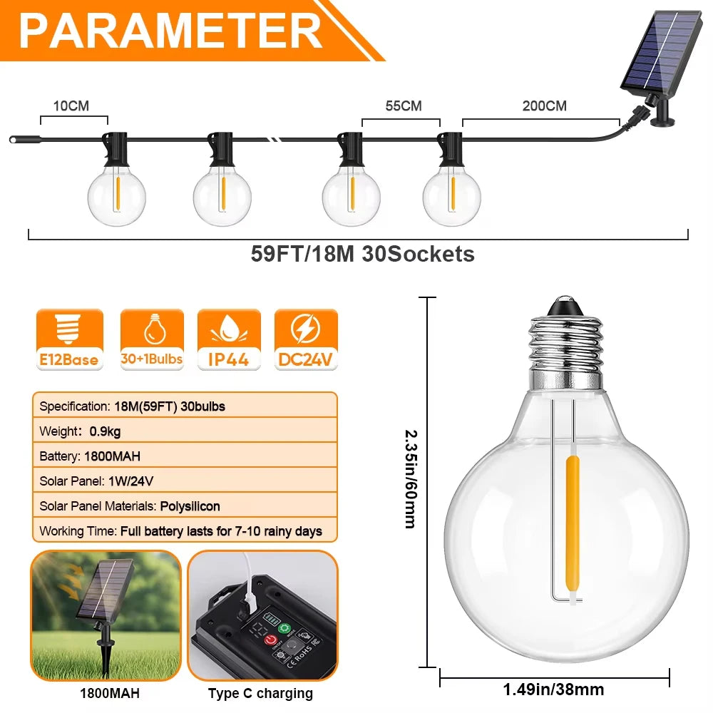 G40 Outdoor Solar String Light Garland LED Solar String Lights