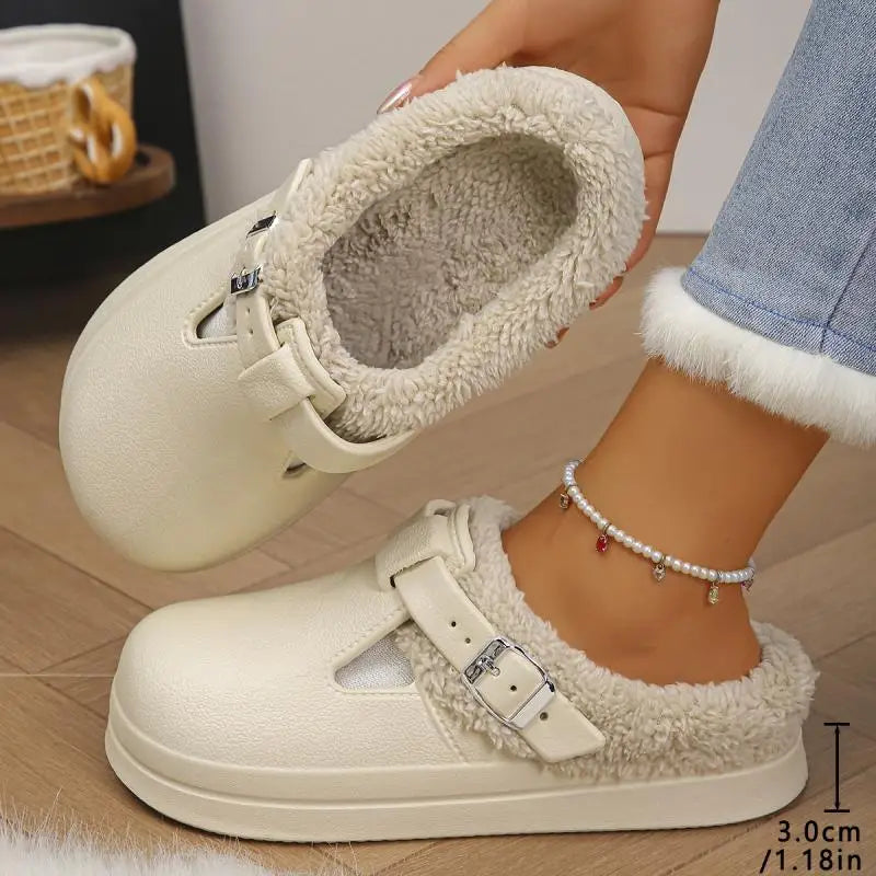 Waterproof Eva Furry Mules Slippers Women Winter Metal Buckle