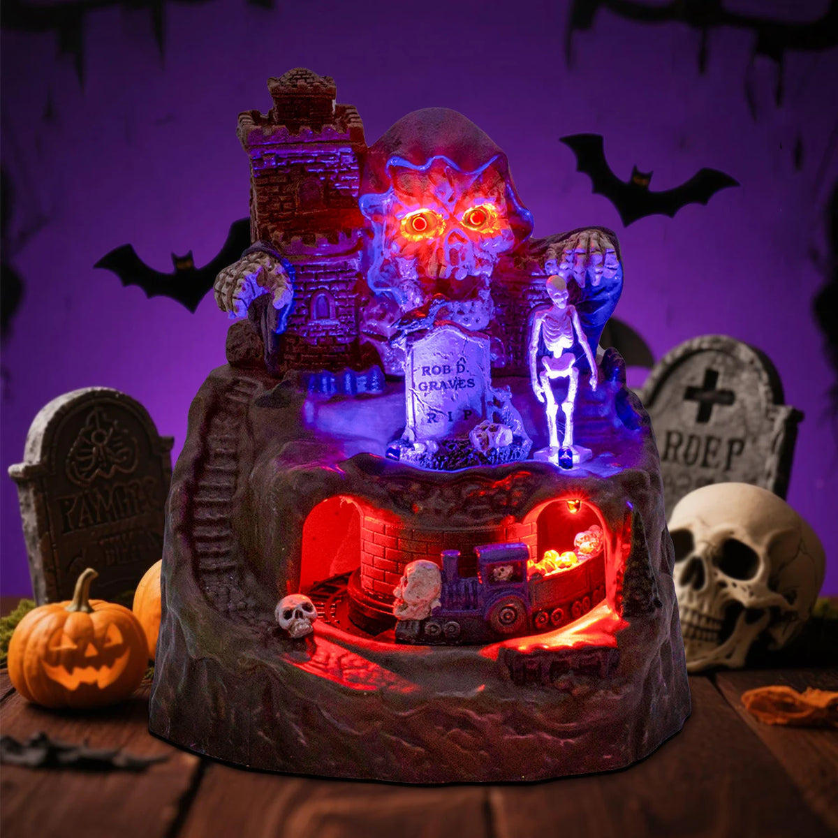 Animated Halloween Village House Decor with Moving Train Pre-Lit Music Skull Ghosts