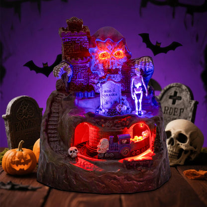 Animated Halloween Village House Decor with Moving Train Pre-Lit Music Skull Ghosts
