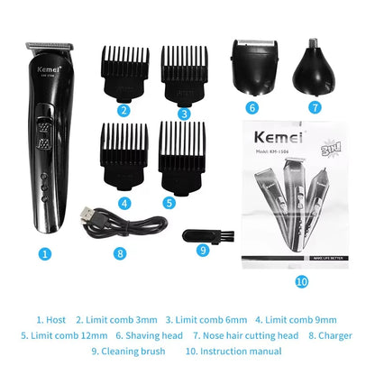 Kemei KM-1506 3 in 1 Electric Hair Clipper USB Charging Shaver
