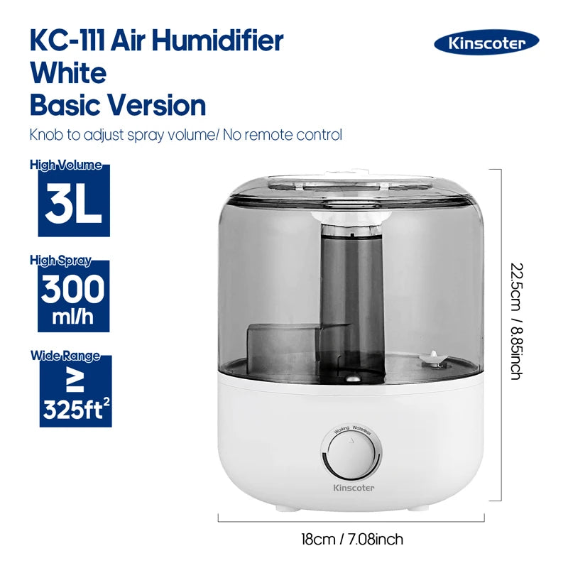 KINSCOTER 3L Air Humidifier Professional Large Capacity Home Humidifier Plant Mist