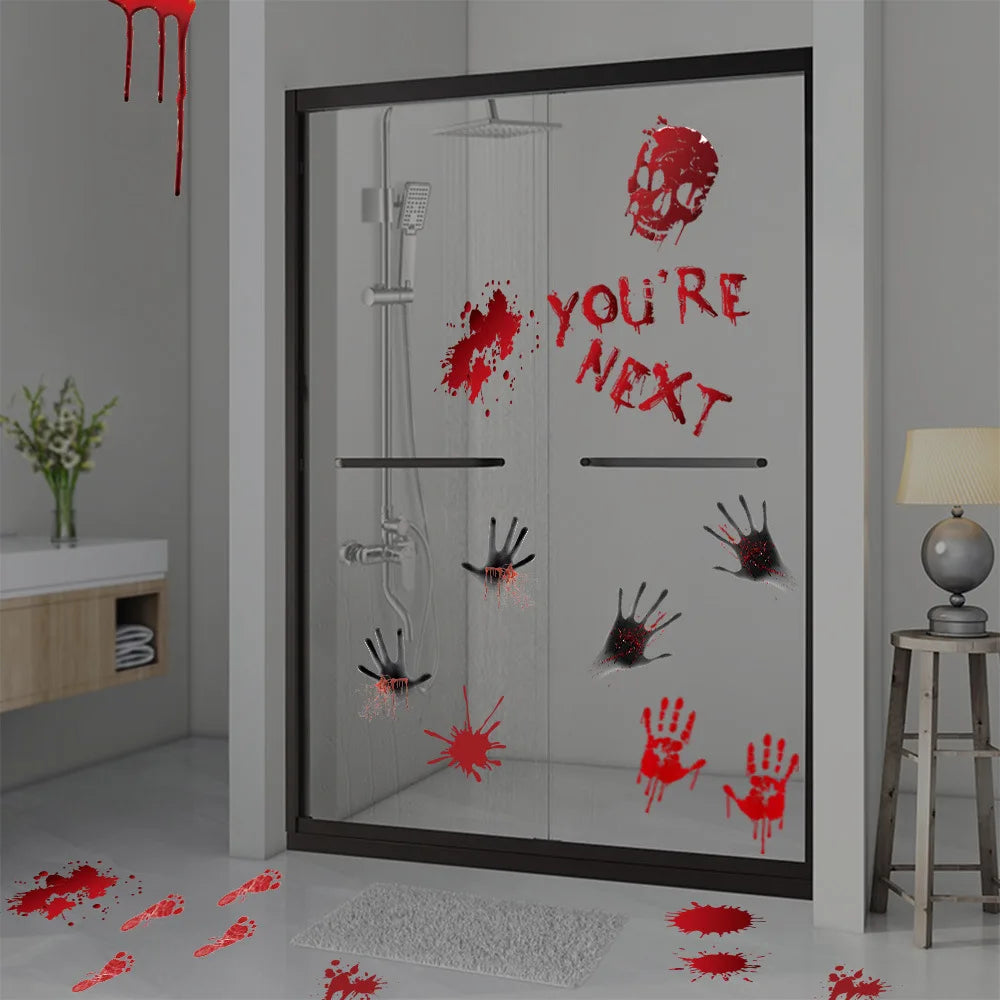 Halloween Wall Doors Windows Stickers Blood Handprint Footprint Skull Pattern