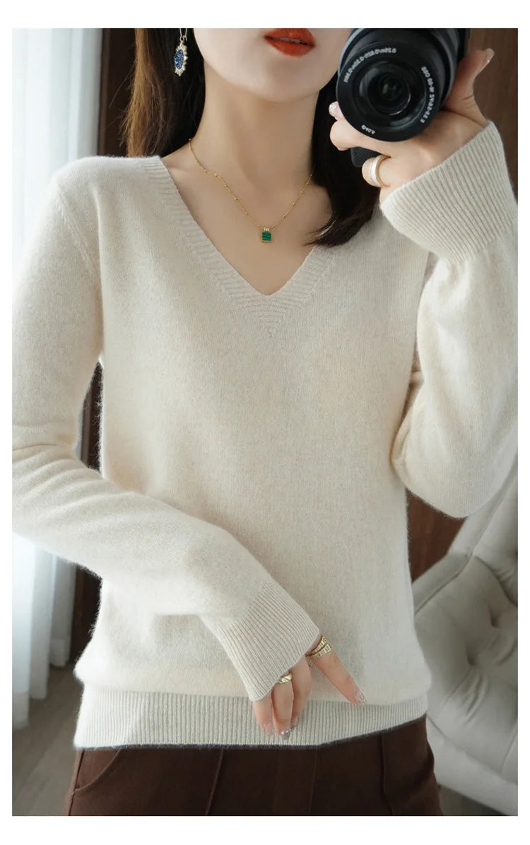 Women's Sweater Autumn Winter Knitted Pullovers V-neck