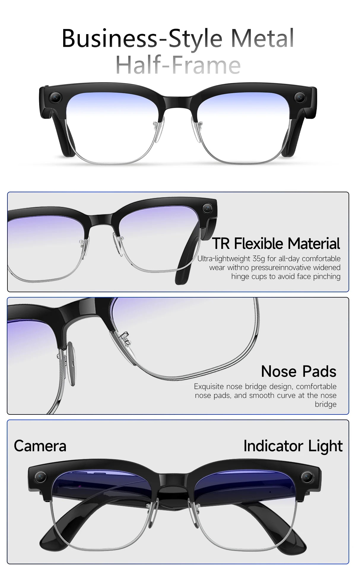 800W Pixel Camera Smart Glasses Men Video Recording AI Photo