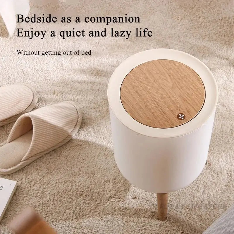 7L Round Wood Grain Trash Can Press Type Garbage Can