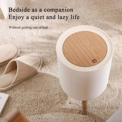 7L Round Wood Grain Trash Can Press Type Garbage Can
