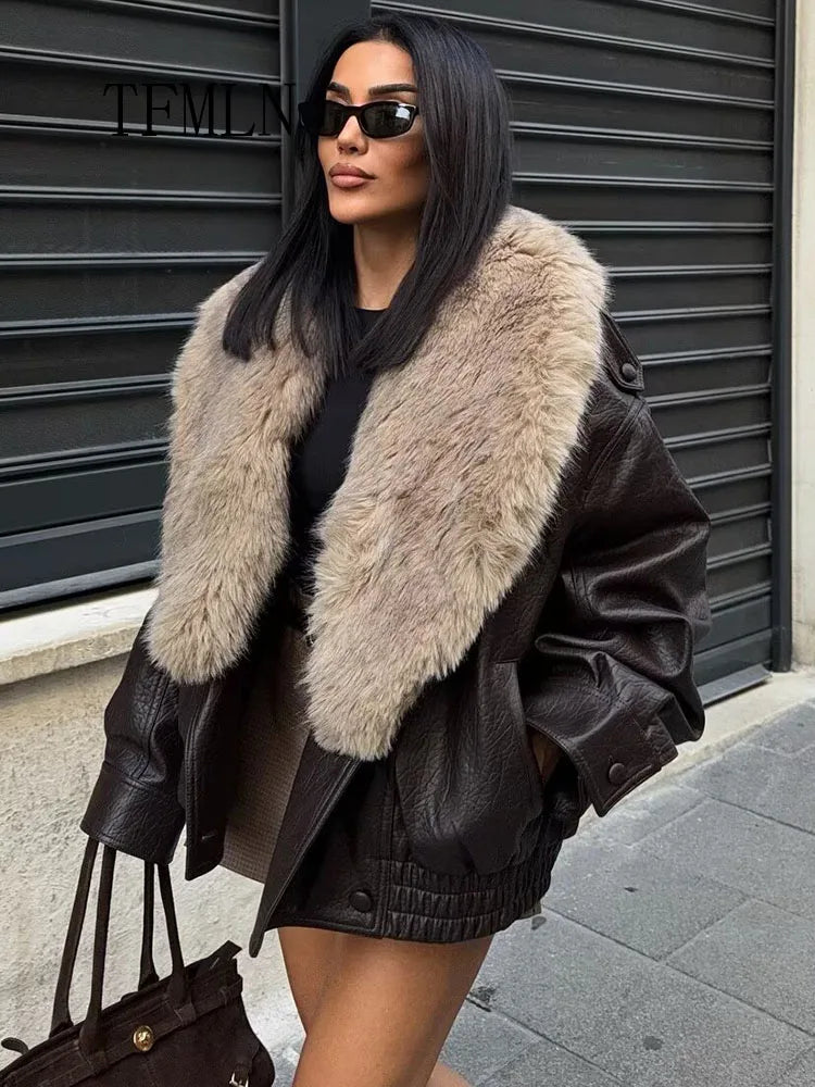 TFMLN Winter Women Loose Faux Leather Jacket