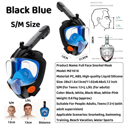 Full Face Snorkel Mask 180° Panoramic View Dry Top Snorkel